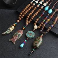 handmade men nepal ethnic necklace buddhist mala wood beads pendant necklace women long sweater chain