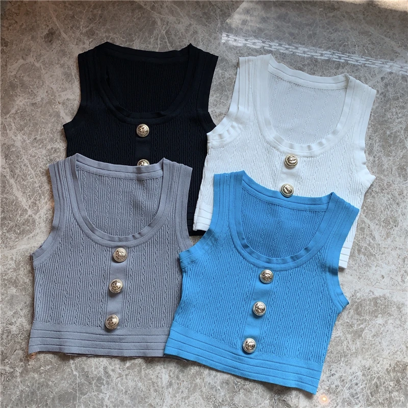 

Brand Fashion Women High-end Luxury Vintage Sexy Summer Slim Short Button Vest Knitted Tank Top