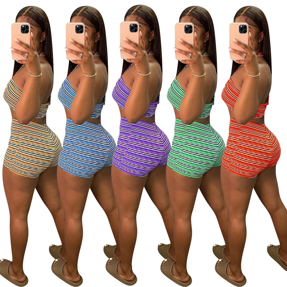 

2021 Summer and Autumn New Style Striped Hollow Folds Fashion Sexy Rib Printed Tube Top Ladies Shorts Set