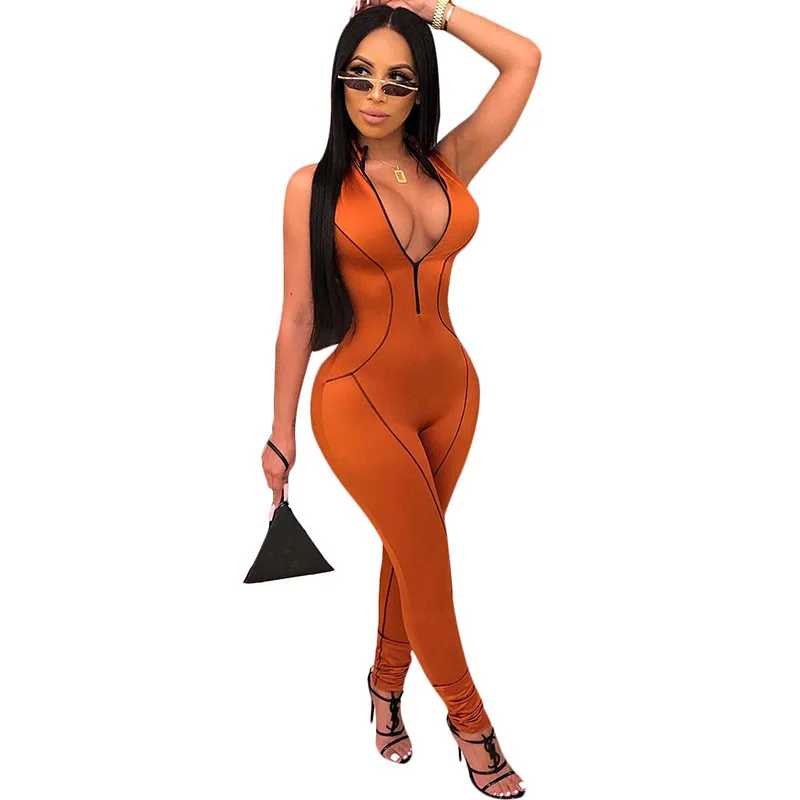 Оранжевое на молнии Глубокий v-образный вырез облегающий женский комбинезон для