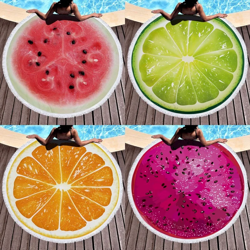 

150cm Round Beach Cloth Soft Beach fruit pinted Swimming Towel Microfiber Bath Towels Yoga Mat Shawl Bandage Tassel Beach Towel