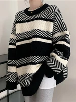 2022 black and white striped sweater womens autumn winter loose pullover lazy wind wear thin knitted sweater top chic coat