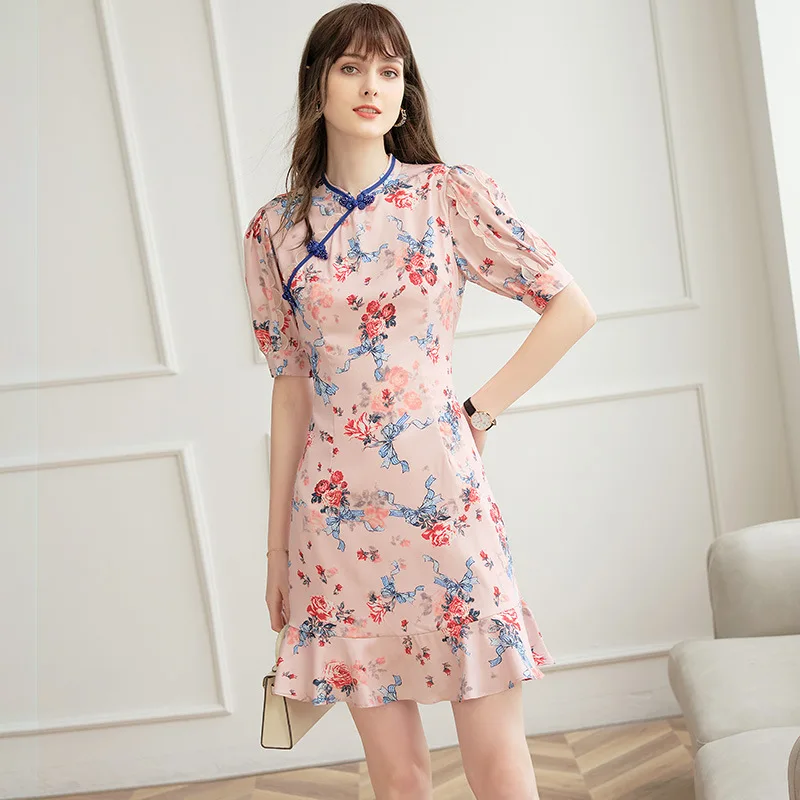 

Chinese Fashion Modern Cheongsam Dress Elegant Lotus Pink Summer Dress for Women 021 Blue Floral Mermaid Short Dress Puff Sleeve