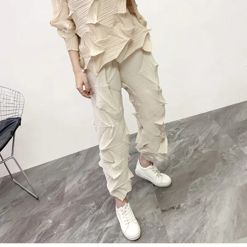 Apricot pants 2 шт. наряды для женщин Miyake складки пожалуйста однотонный повседневный комплект пуловер футболка длинные широкие брюки осенний модный костюм - Цвет: Apricot pants
