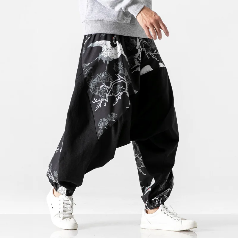 

Fashion Men Wide Leg Harem Pants Chinese Style Print Kung Fu Tai Chi Bottoms Japanese Harajuku Asian Clothes Casual Trousers