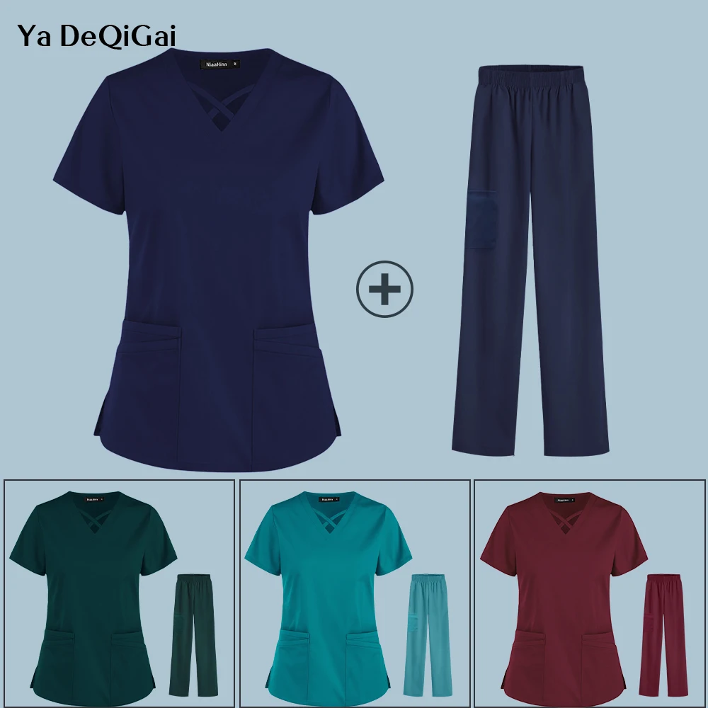 

New Style Women Scrub Tops+pant Medical Uniform Surgery Scrubs Shirt Short Sleeve Nursing Uniform Pet Shop Doctor Nurse Workwear