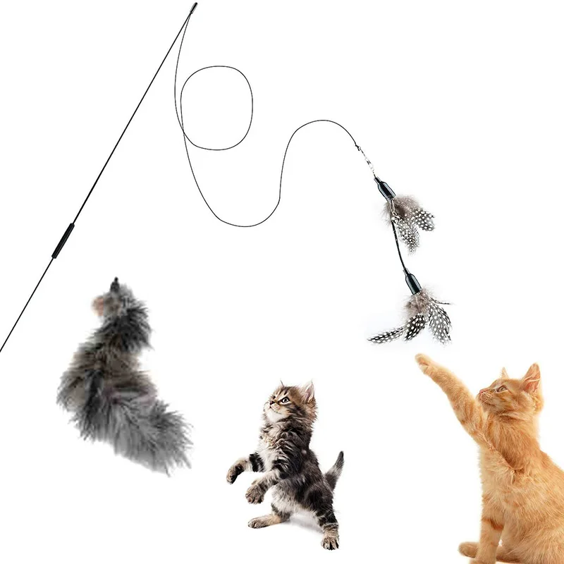 

6pcs Retractable Cat Wand Toy Set Gray Cat Teaser with Feather Head Replacement & Bell Cat Stick Supply for Kitten FBS88