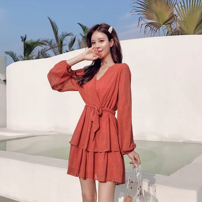 Новинка корейское женское многослойное шифоновое платье с v образным вырезом и