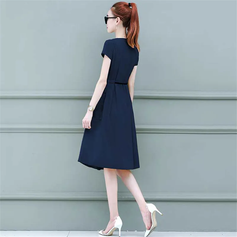 

Summer Dress Women Chiffon Pink 2021 New Spring Korean V Neck Slim Belt Pockets Short Sleeve Knee-length Dresses Feminina LR959