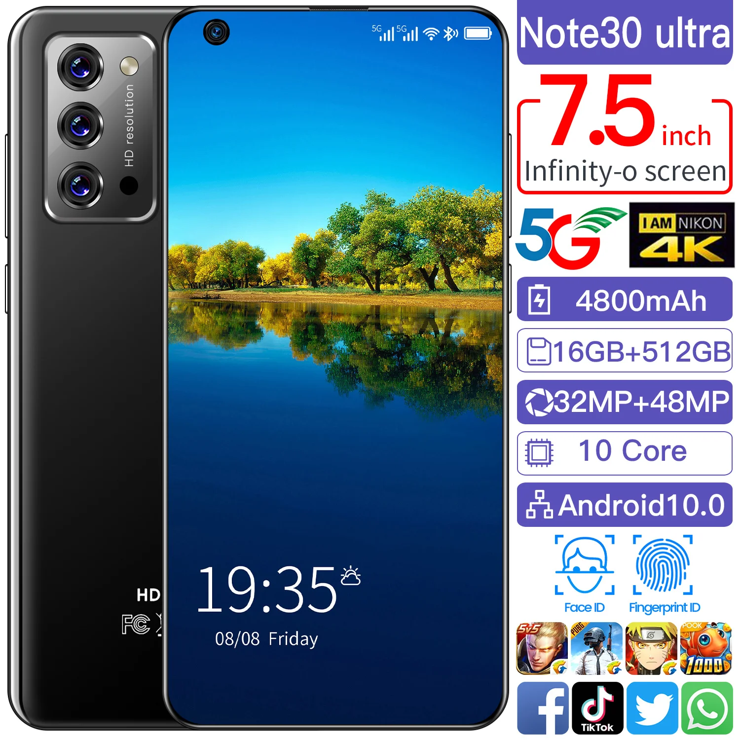 Смартфон Note30 Ultra экран 7 5 дюйма HD 10 ядерный Процессор MTK 6889
