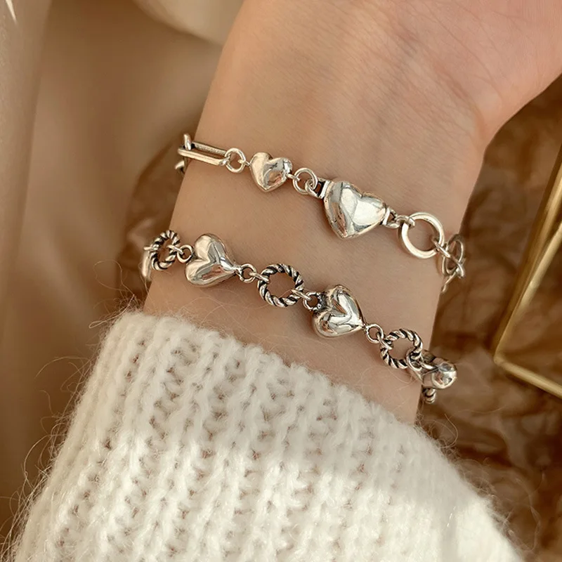 

В винтажном стиле, сапоги в панковском стиле, 925 стерлингового серебра в форме сердца круглый браслет из бисера, браслет на запястье для женщ...