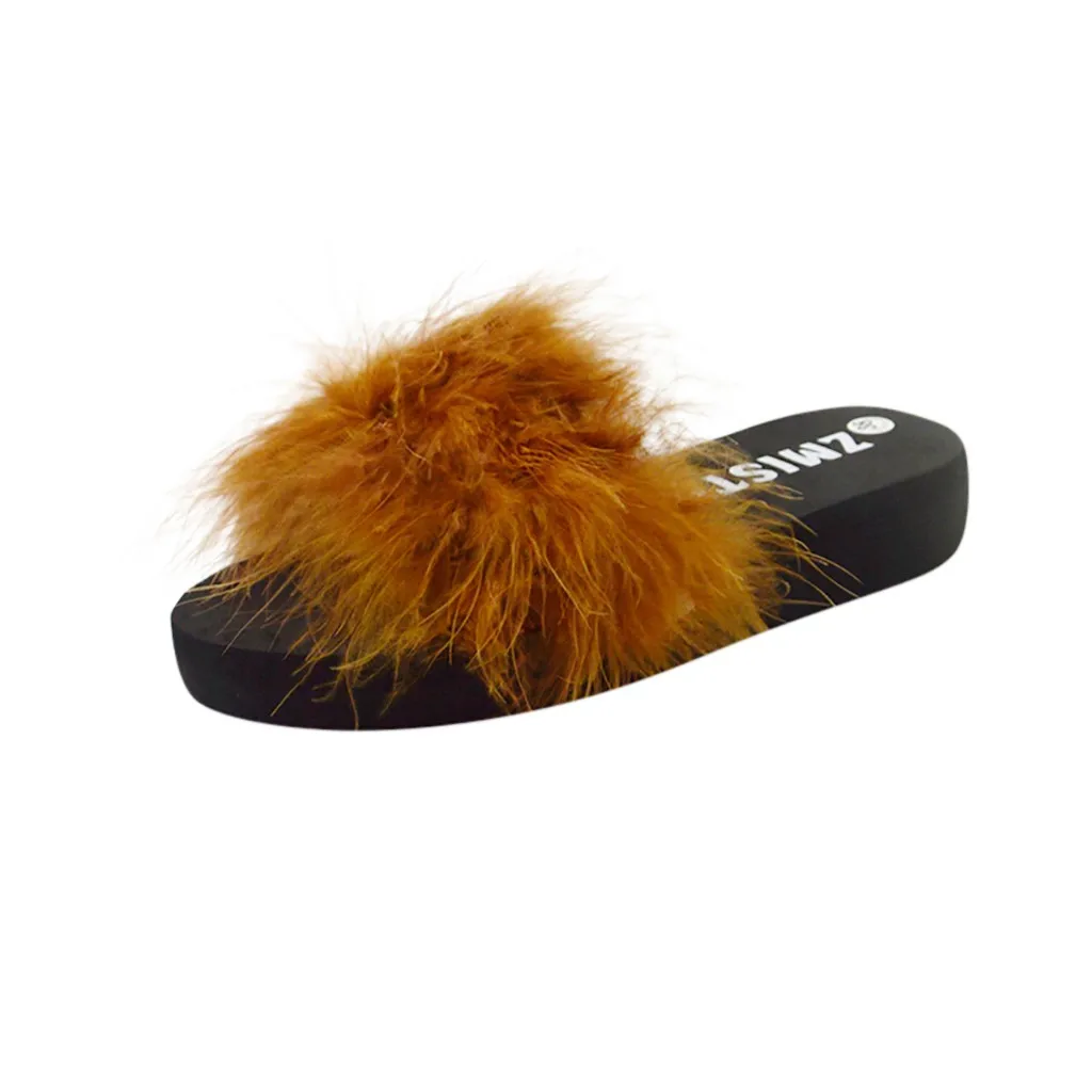 Женские Тапочки с перьями страуса домашние теплые меховые уличные Плюшевые