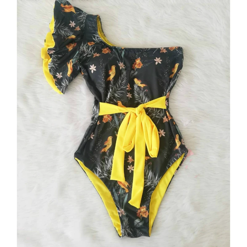 Женский купальник на одно плечо сексуальный с пуш ап принтом и рюшами 2020