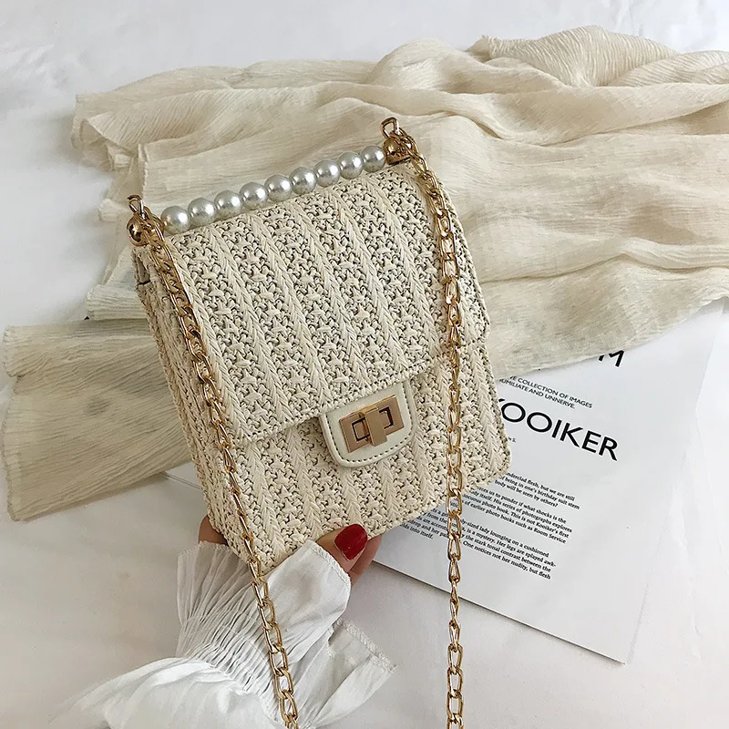 White1 Новинка, летняя пляжная соломенная сумка, сумки через плечо для женщин,, перламутровая плетеная ротанговая женская сумка на плечо, дамская сумочка, клатч, Bolso Mujer - Цвет: White1