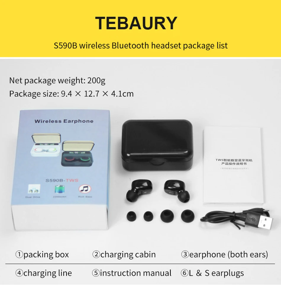 TEBAURRY TWS, беспроводные наушники Bluetooth 5,0, наушники 6D, стерео басовые наушники, мини Беспроводные наушники с емкостью 2200 мАч