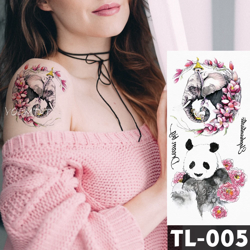 

Pink Flower Panda Elephant Watercolor Fox Flower Tattoo Stickers Girls waterproof Temporary Tattoo Women Body Arm Neck Back Art