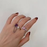 korean fashion sqaure heart purple pink crystal zircon rings female personality simple punk chain open finger ring gothic jewelr
