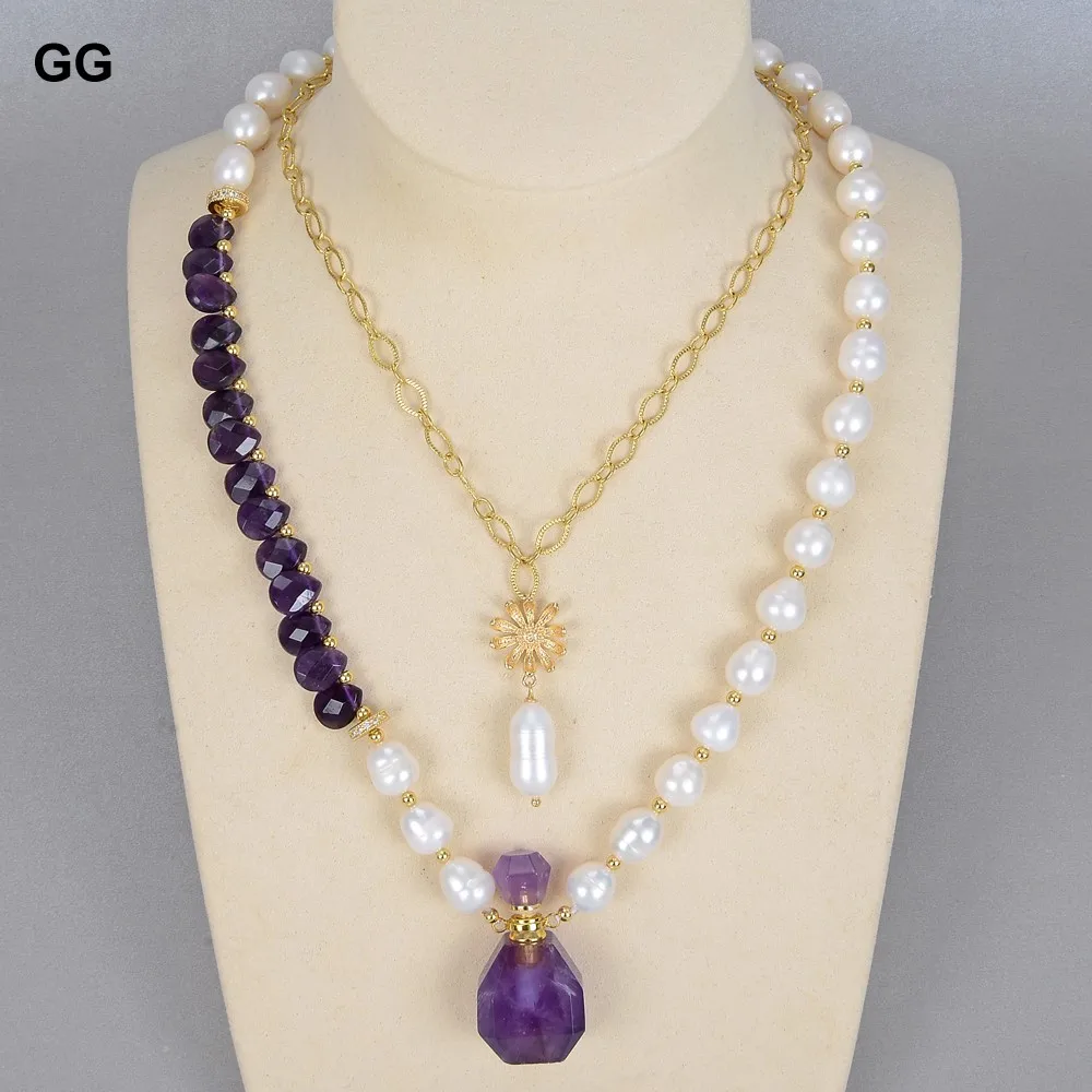 

GuaiGuai Jewelry Natural White Rice Pearl Purple Faceted Amethyst Water Drop Chain Necklace Amethyst Bottle Pendant For Women