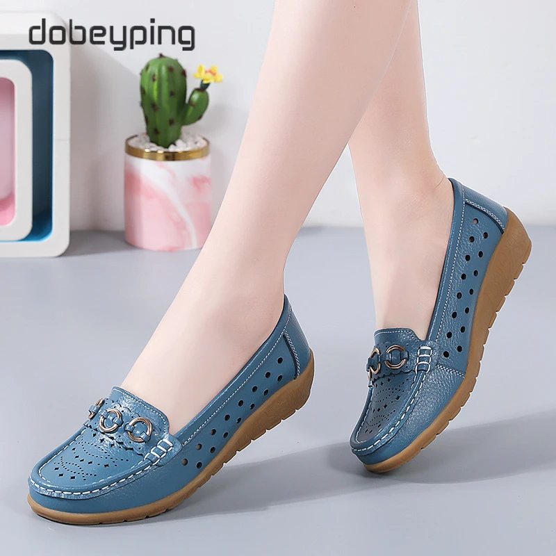dobeyping Fashion Hollow Women's Loafers Genuine Leather Woman Summer Shoe Moccasins Slip On Female Flats Wedge Shoes Size 35-44