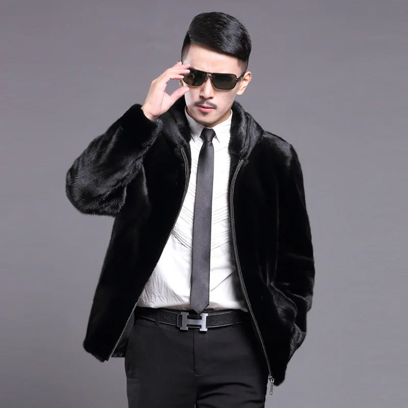 

Autumn and winter men's fur mink net red jacket short hooded coat mink plus size rex rabbit fur