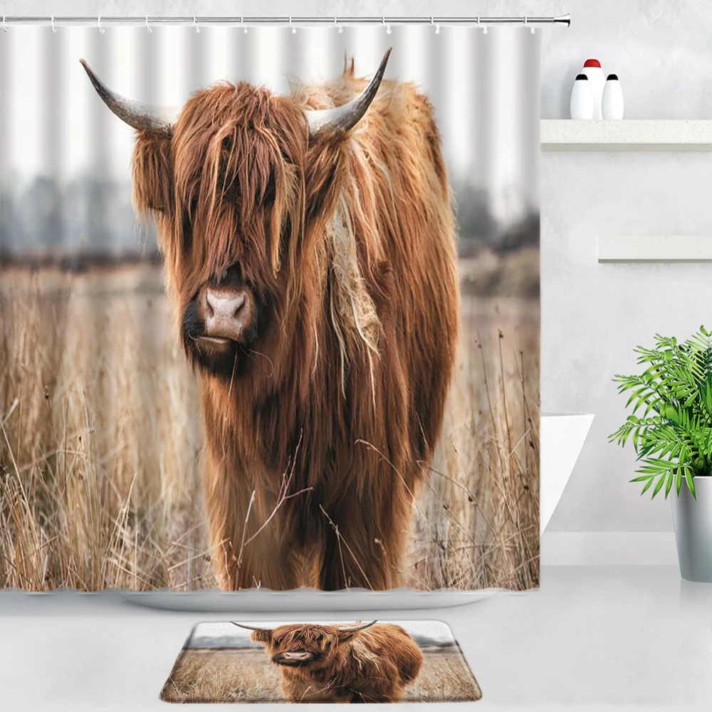 

Farm Animal Chicken Shower Curtains Set Bathroom Carpet Rooster Highland Cow Barn Farmhouse Scenery Non-slip Rugs Door Bath Mats