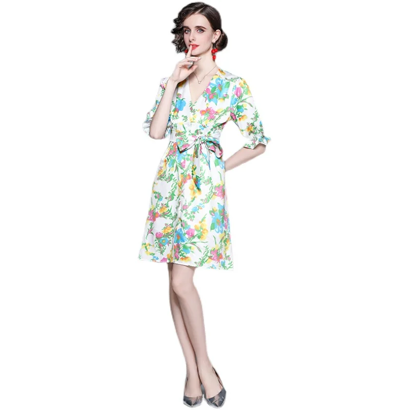

Fashion New French V Neck Temperament Sweet High Waist Lace Up Printed Dress Women Summer Clothes