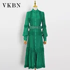 Женское однобортное платье макси VKBN, белое, розовое, зеленое платье с длинными рукавами-фонариками и поясом, 2022