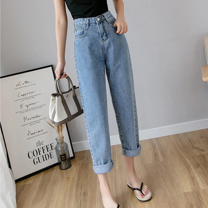 

2021 New Korean Harem Jeans Pants Vintage High Waist Jeans Woman Boyfriends Jeans Casual Mom Jeans Cowboy Denim Pants