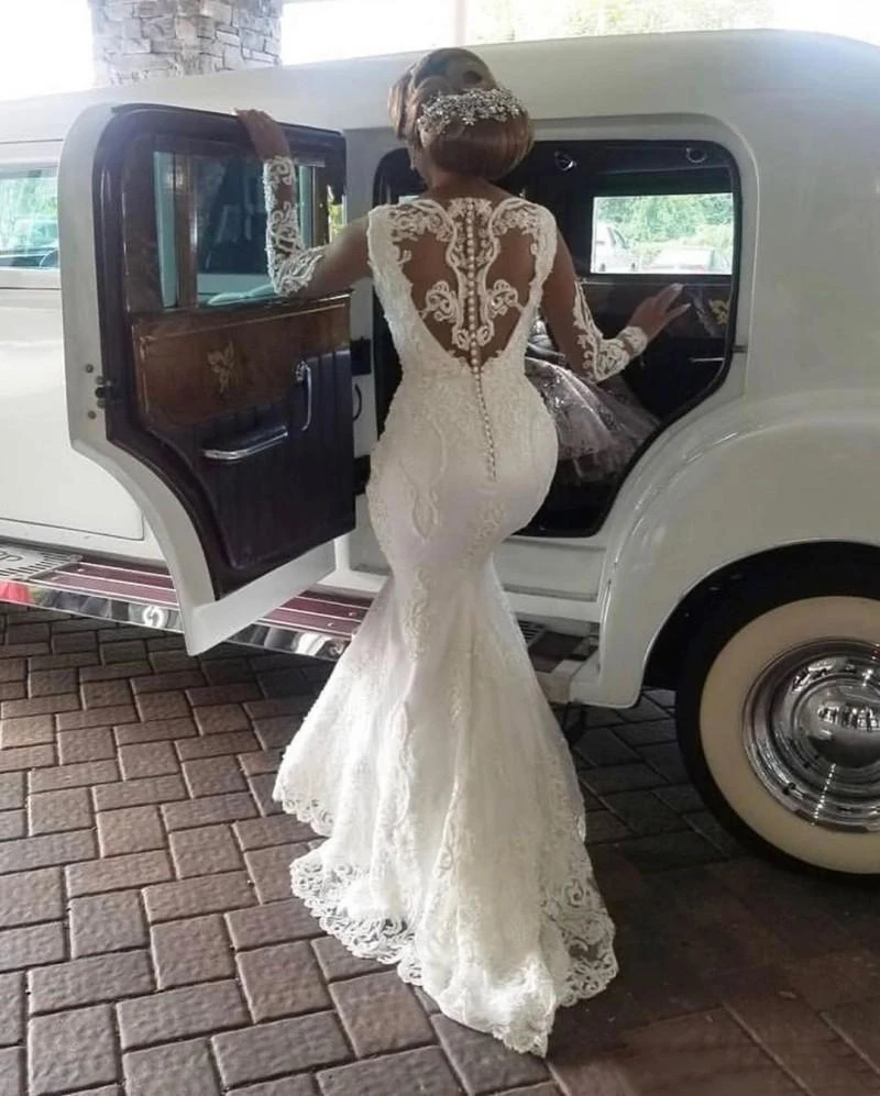 

Luxury African Plus Size Mermaid Wedding Dresses With Detachable Train Lace Applique Beaded Long Sleeve Bridal Gowns Custom Made