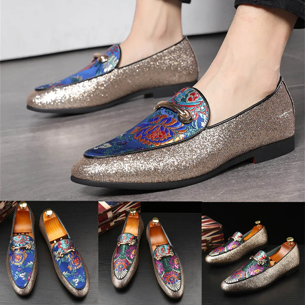 

Men's fashion personality sequins single shoes pointed sets of feet lazy embroidery non-slip shoes new listing