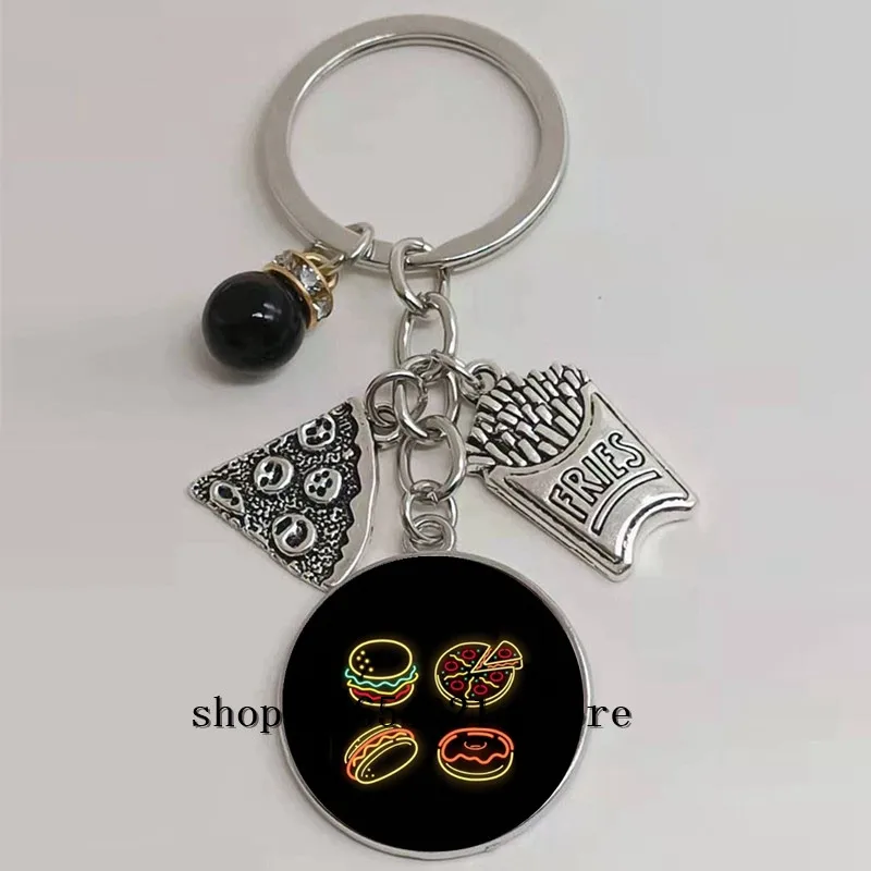 New Pizza French Fries Donut Burger Icon Keychain Glass Cabochon Charm Jewelry | Key Chains