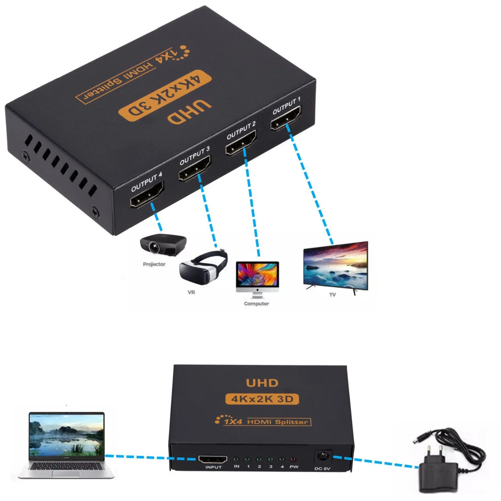 LccKaa 4K HDMI-совместимый сплиттер 1x4 Full HD видео HDMI переключатель 1 в 4 выхода усилитель