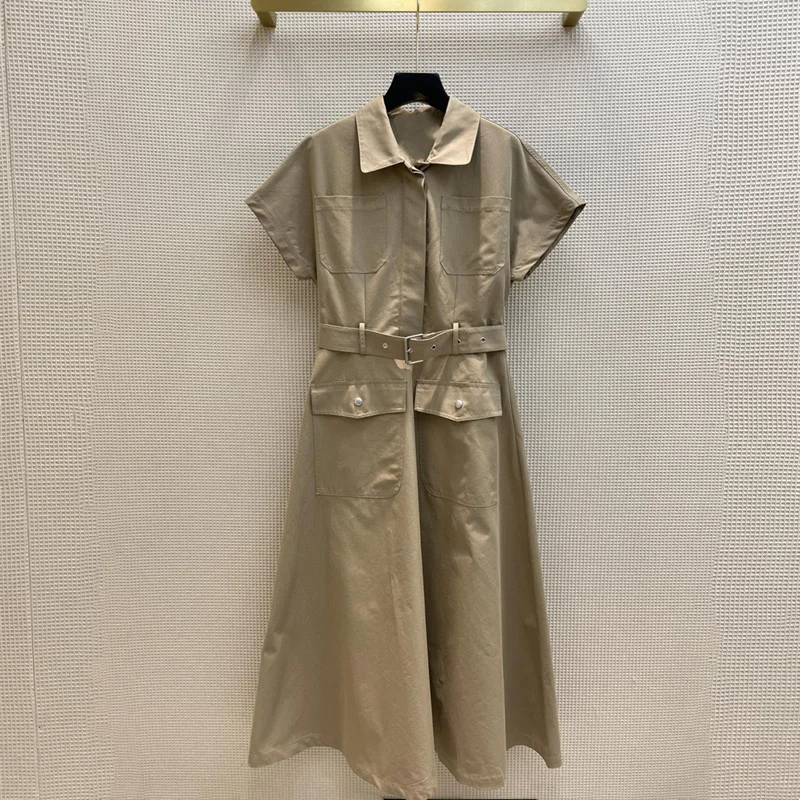 

Женское длинное платье с поясом, Повседневное платье с двумя карманами и отложным воротником