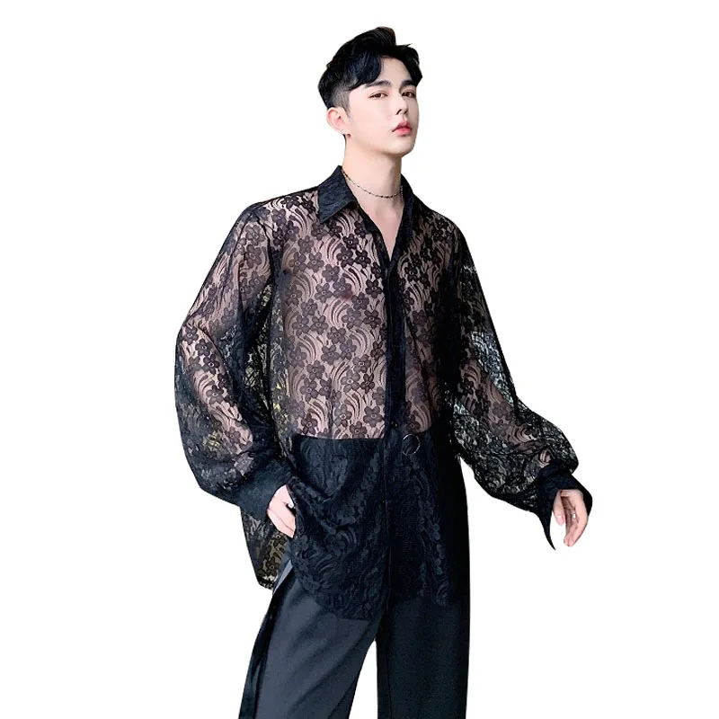 Мужская свободная повседневная рубашка из прозрачной органзы с вышивкой и