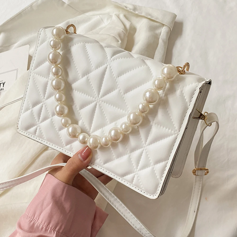 

Fashion Women Geometric Embossing PU Leather Shoulder Crossbody Messenger Bag Casual Ladies Solid Color Pearl Chain Small Purse