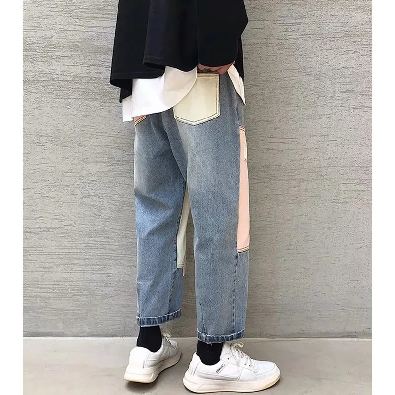 Patchwork Jeans Men's Mid Waist Baggy Jeans Boyfriend Hip-hop Denim Cropped Pants Loose Men Japanese Fashion Jogging Pants