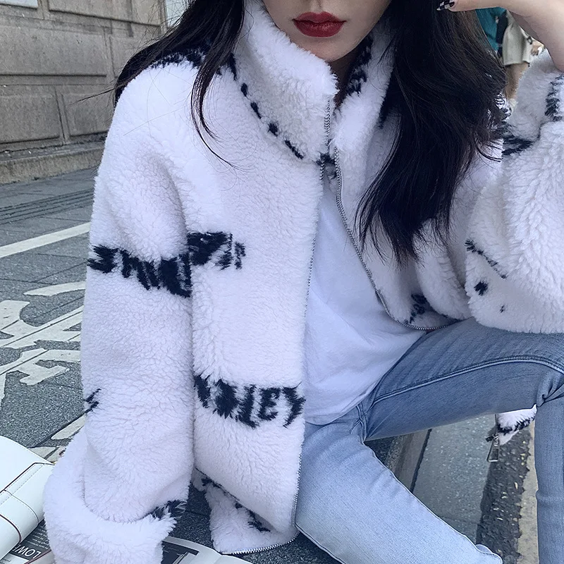 JESSIC Street Fashion Letter Fur Coats Women Winter Oversized Batwing Sleeve Faux Rabbit Fur Jacket Coat Hip Hop Streetwear