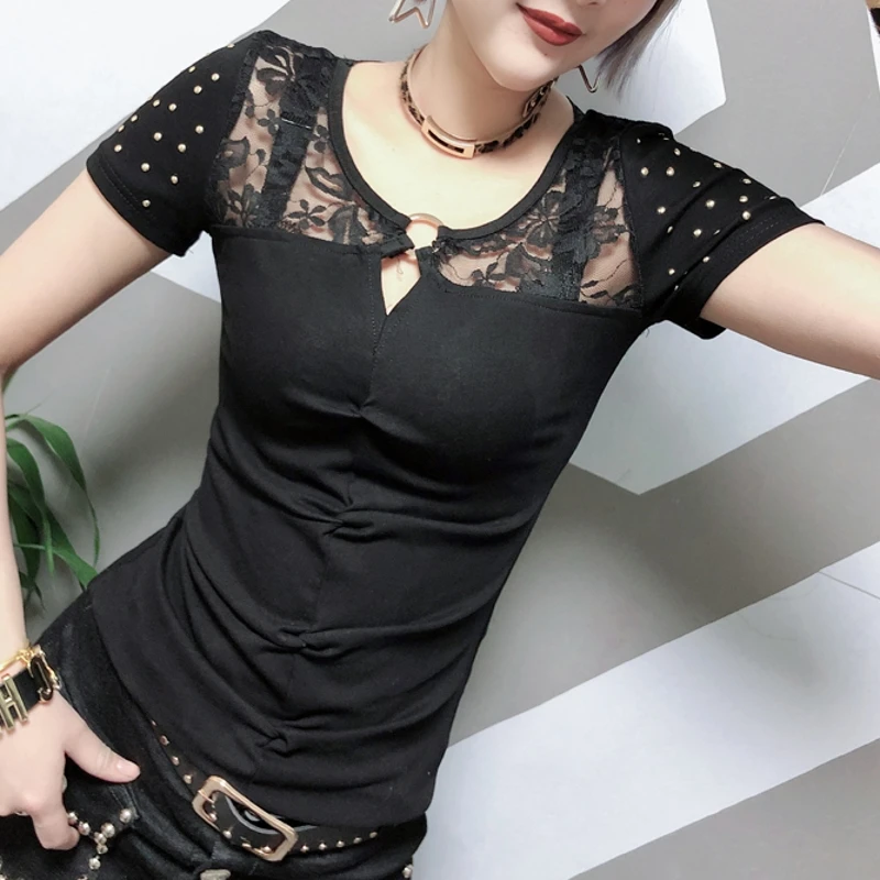 Женская Кружевная футболка с блестками и заклепками летний сексуальный топ в