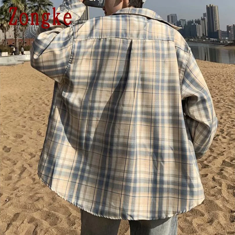 

Zongke Plaid Harajuku Shirt Men Clothing Male Shirt Tops Japanese Streetwear Hip Hop Clothes M-2XL 2021 New Arrivals