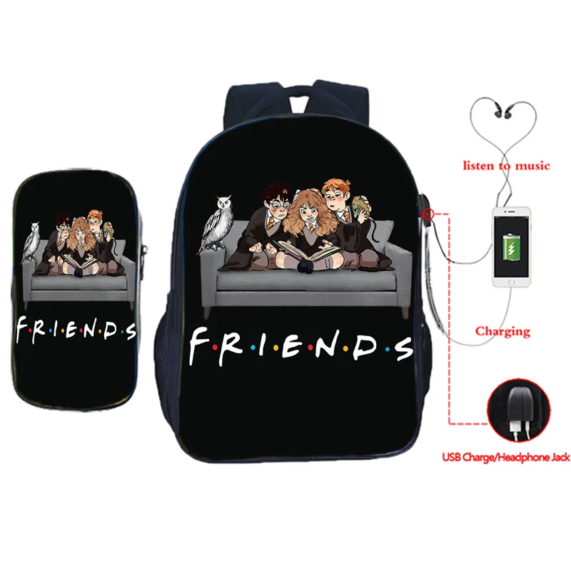 Высококачественный рюкзак для друзей с USB зарядкой и сумкой ручек 2 шт./комплект