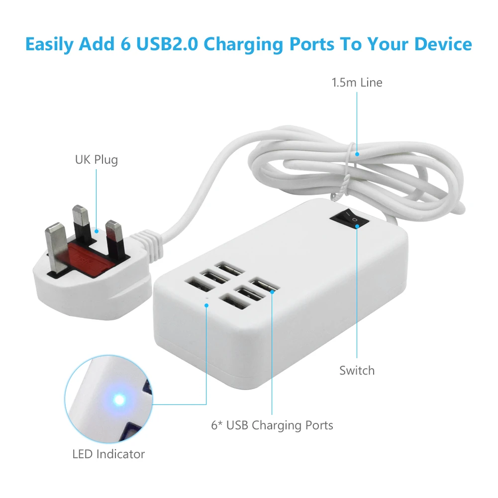 Высокое напряжение 5 В 6A 6-портовое гнездо для зарядки USB синий светодиодный