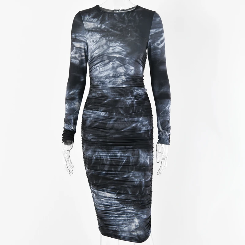 

ONEINALL Vintage Hit Color Dress For Women O Neck Long Sleeve Tie Dye Ruched Dresses Female New Clothing 2021 Summer Fashionable