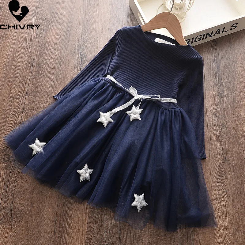 

Spring Autumn 2022 Girls Solid Long Sleeve O-neck Mesh Pleated Dresses with Belt Baby Girls Fashion Star Decor Princess Dress