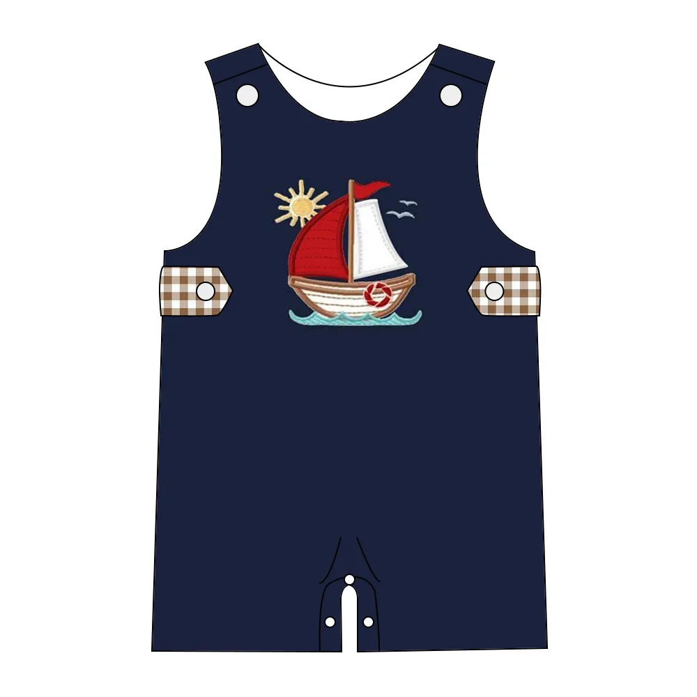 

Handsome Contracted Pure Cotton Baby Boy Romper Black Sleeveless Sailboat Embroidered And Shorts Children's Crawling Suit