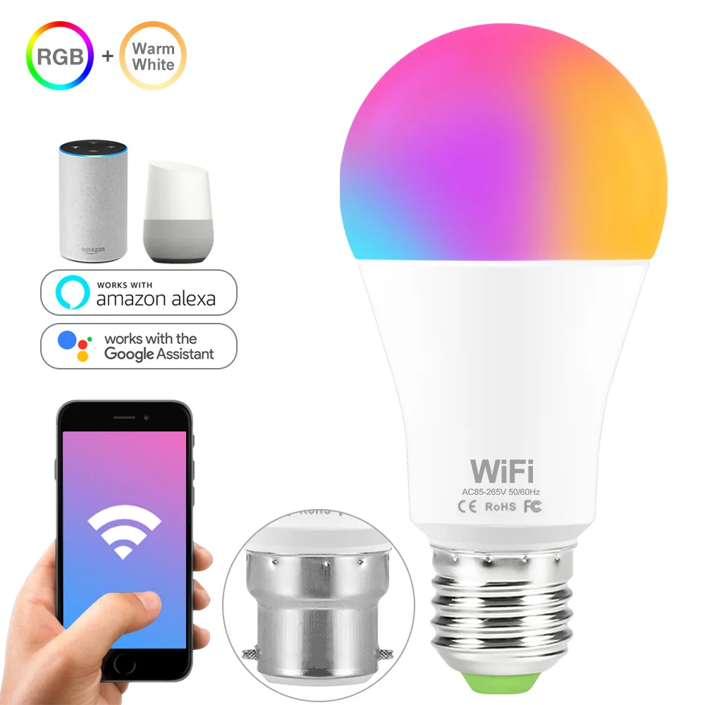 WiFi умная лампа RGB лампа 15 Вт WiFi волшебный Светильник E27 B22 110 В 220 В Изменение Цвета Умный дом лампочки совместимы с Google Home Alexa