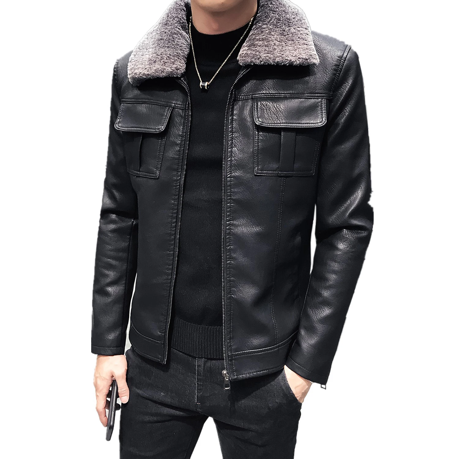 Мужская кожаная куртка с меховым воротником приталенная мотоциклетная Chaqueta Marron