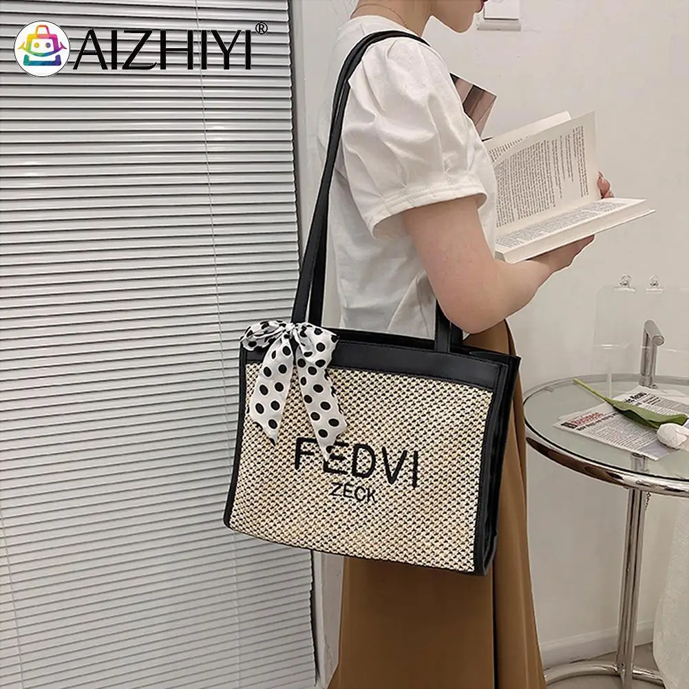 

Fashion Letters Print Shoulder Bag Woven Beach Vacation Silk Scarf Handbag Summer Women Bags Girls Small Beach Handbag
