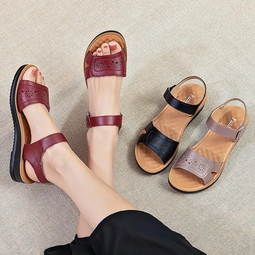

Genuine Leather Sandals for Women 2021 Summer Flat Heels Shoes Ladies Breathable Fashion Sandalies Female Casual Working Shoes