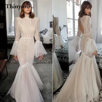 thinyfull newest 2022 high neck wedding dresses long sleeves backless mermaid beach bride mariage gowns princess vestidos boda