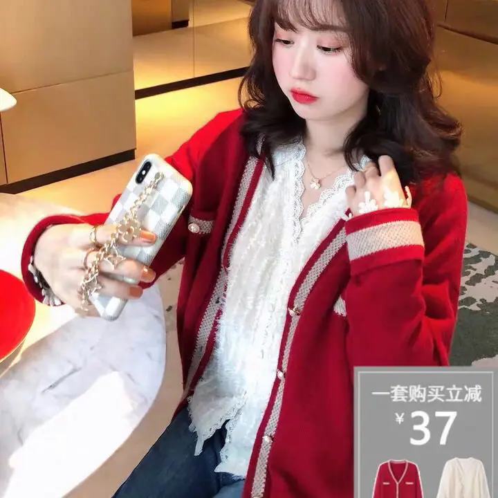

New Year's Fragrance V-neck Color Matching Pearl Button Scarlet Knitting Cardigan with Sweater Women's Short Coat